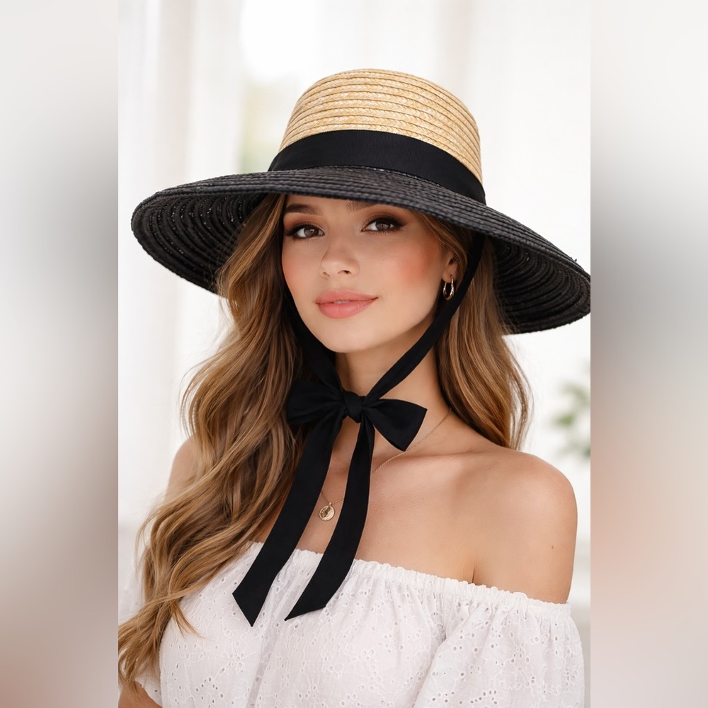 Wyeth Black & Tan Straw Wide Brim Sun Hat with Black Ribbon Tie NWOT - Picture 2 of 7